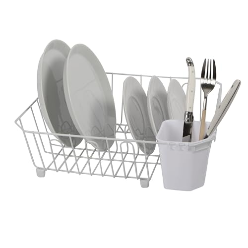 Oggi Compact Dish Drying Rack - White Metal Dish Drainer Rack, Drying Rack Kitchen, Dish Rack, Dish Racks for Kitchen Counter, Durable Coated Metal Kitchen Drying Rack with Cutlery Holder - color: White