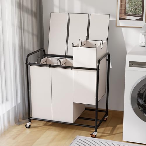 180L Laundry Sorter 3 Section with Lockable Wheels and Lid White - color: White-3 Sec, size: 47.55Gal