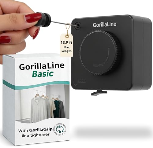 GorillaLine Basic - Retractable Clothesline Indoor Outdoor Clothes Line - Non-Sagging Heavy Duty Clothes Drying Laundry Line - Wall Mounted Drying Rack - Air Dry Clothing - Tighten with GorillaGrip - color: Black