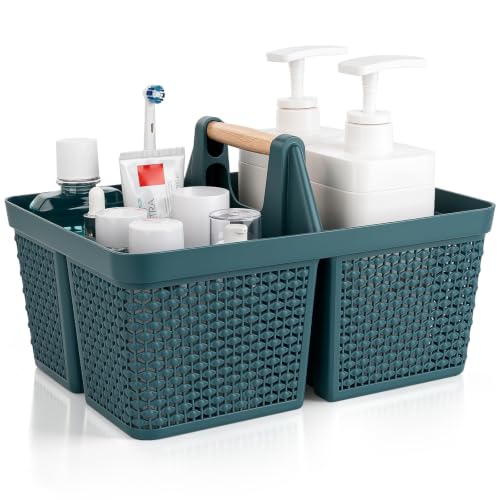 Portable Plastic Shower Caddy Basket with Wooden Handle, Bluish Green - color: Bluish Green