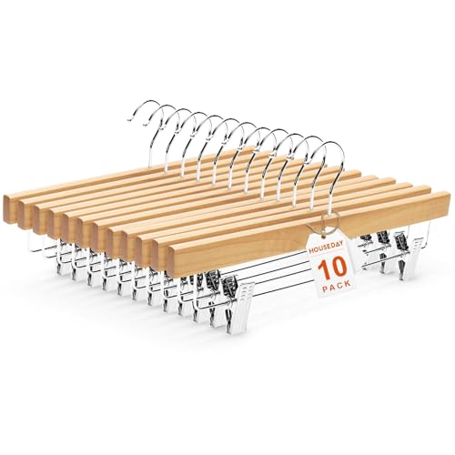 HOUSE DAY Wooden Pants Hangers with Clips, 10 Pack Skirt Hangers, Natural - color: Natural, size: Pack of 10