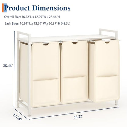 Garvee Laundry Basket Organizer, Laundry Hamper with Shelf & 3 Pull-Out Removable Oxford Fabric Bags, 3 x 12.8 Gal (48.5L), Dirty Clothes Basket Organizer for Laundryroom, Bathroom, Bedroom