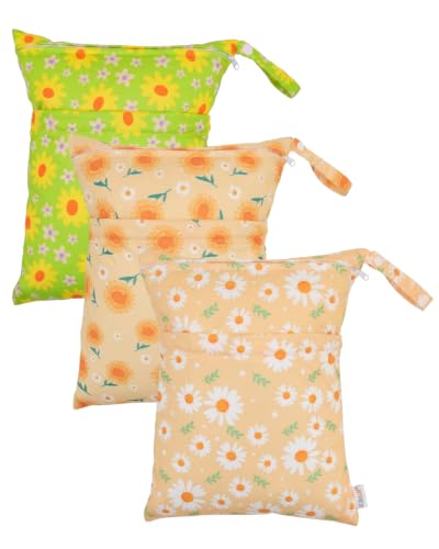 ALVA ALVABABY 3pcs Medium Cloth Diaper Wet Dry Bags Waterproof Reusable with Two Zippered Pockets Travel Beach Pool Daycare Soiled Baby Items Yoga Gym Bag for Swimsuits or Wet Clothes 3L-ZM46 - color: Sunny Daisy Party Series