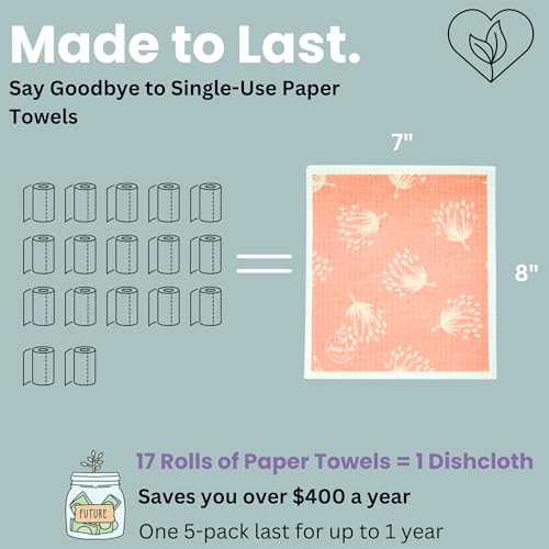 Harps&Seb Swedish Dishcloths for Kitchen Dish Towels - 5 Pack, Non-Scratch Reusable Paper Towels, Super Absorbent Washable Swedish Dish Cloths, No Odor, Biodegradable, Leaf Design - color: Leafy Vines, style: 5 Pack