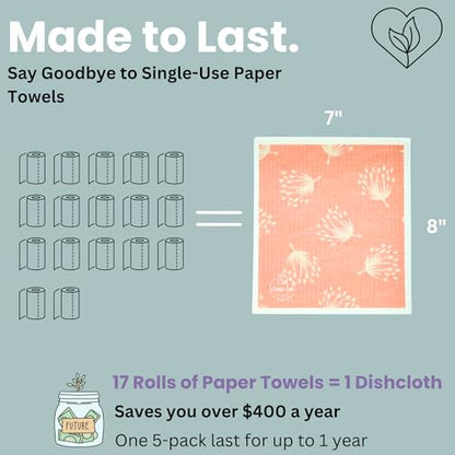Harps&Seb Swedish Dishcloths for Kitchen Dish Towels - 5 Pack, Non-Scratch Reusable Paper Towels, Super Absorbent Washable Swedish Dish Cloths, No Odor, Biodegradable, Leaf Design - color: Leafy Vines, style: 5 Pack