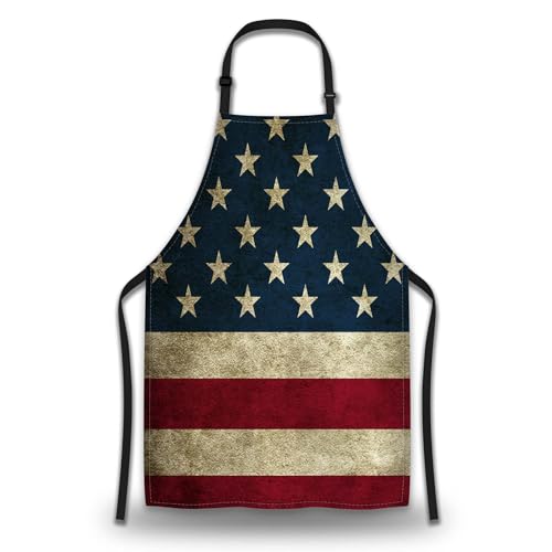 Housewife Apron for Women Vintage American Flag Burlap Cooking Aprons for Men for Kitchen Cooking Restaurant BBQ Painting Crafting Gardening 27” (W) x 31” (H), Waterproof Apron - color: American Flag