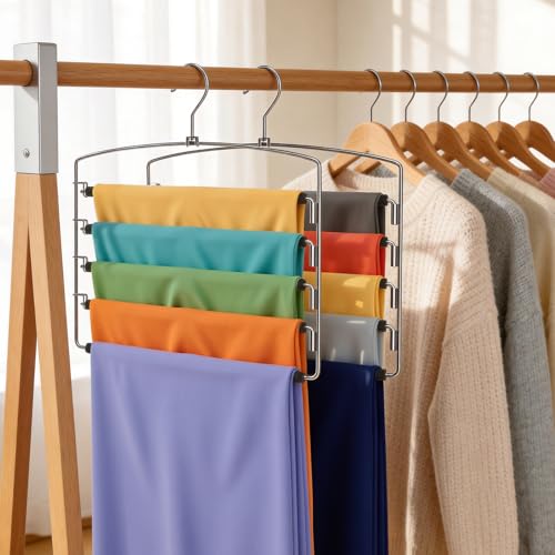 Korpai 6-Pack Pants Hangers Space-Saving Multi-Layer,150° Rotate Metal Swing Arm Non Slip Foam Padded,Closet Organizers and Storage 360 Swivel Top Hook for Jeans,Trouser,Slacks,Skirt,Scarfs,Towels ect