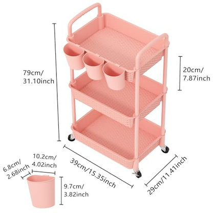 MOYIPIN 3-Tier Plastic Rolling Utility Cart with Handle,Pink - color: Pink, size: 3-Tiers with cups