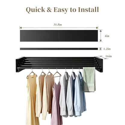 Wall Mounted Foldable Clothes Drying Rack Carbon Steel 5 Rods, Space-Saving Laundry Drying Rack with Wall Template (1, Black, 31.5") - color: Black, size: 31.5"