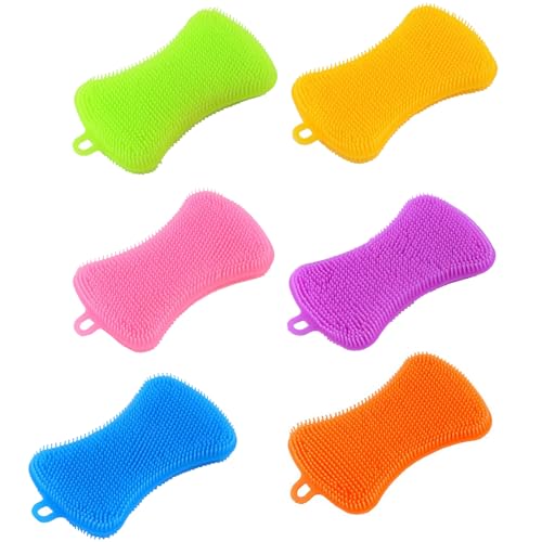 6 PCS Silicone Dish Sponges, Super Durable Safe and Dry Fast Silicone Sponge, Multi-Purpose Sponge Kitchen Gadgets, Reusable Rubber Kitchen Dish Dishes Fruits Vegetables Washing Cleaning Sponge Brush.