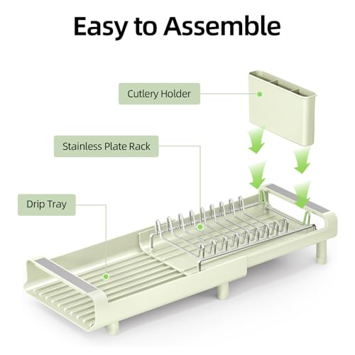 TOOLF Small Dish Drying Rack, Expandable and Space-Saving, Grayish Green - color: Soft Celery Green