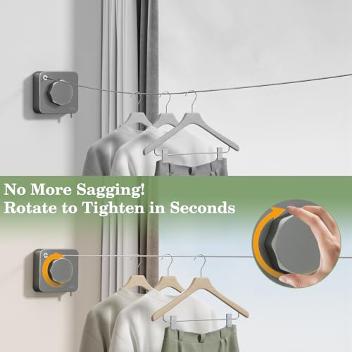 Danpoo Stainless Steel Retractable Clothesline Heavy Duty - 13.7ft Adjustable Tension Non-Drop Clothes Line, Rustproof Metal Wall Mounted Laundry Line(Gray) - color: Gray
