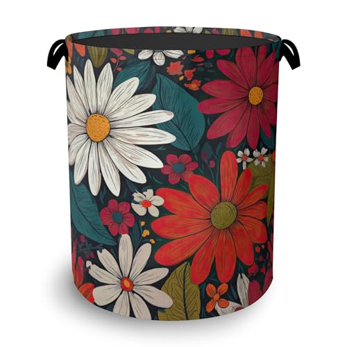 Retro Red Daisy Flowers Laundry Hamper,Dirty Clothes Laundry Basket with Handles Waterproof Oxford Cloth Storage Basket for College Dorms Bathroom Bedroom 16" x 20.8" - color: Retro Red Daisy Flowers