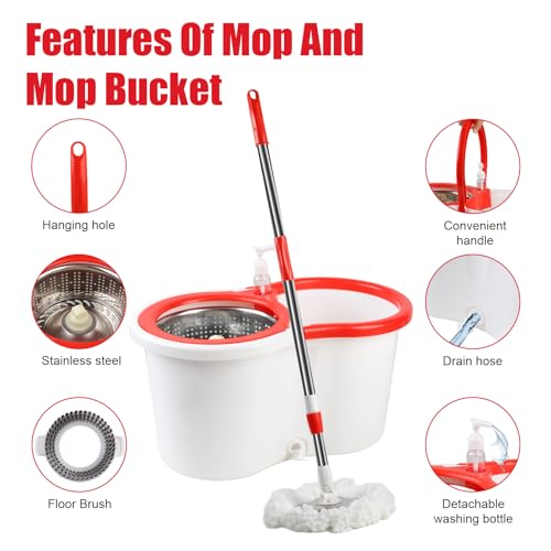 Spin Mop and Bucket with Wringer Set, 6 Microfiber Mop Heads, 61" Handle - color: White