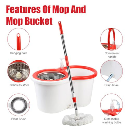 Spin Mop and Bucket with Wringer Set, 6 Microfiber Mop Heads, 61" Handle - color: White