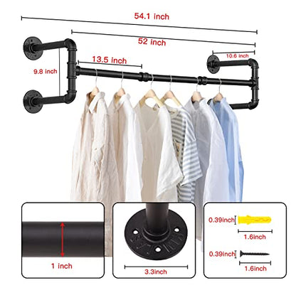 Wall Mounted Clothes Rack - 54" Industrial Pipe Clothing Garment Rack, Space-Saving Heavy Duty Detachable Black Iron Clothes Hanger Pole, Multi-Purpose Hanging Rod for Closet Storage, 4 Base - size: Black 54" x1 pcs(4Base)