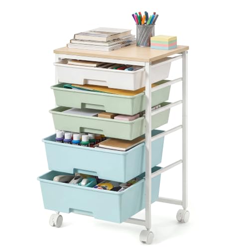 VASAGLE Rolling Cart with Drawers,5 Drawers Storage Cart, Green and White - color: Green + White, size: 5 Drawer