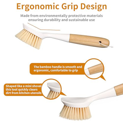 2 Pack Kitchen Dish Brush Bamboo Handle Dish Scrubber Built-in Scraper - style: White