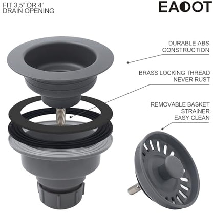 3-1/2 Inch Polymer Urban Gray Sink Drain Assembly with Basket Strainer and Stopper for Quartz, Granite or Fireclay Kitchen Sinks - color: Urban Gray