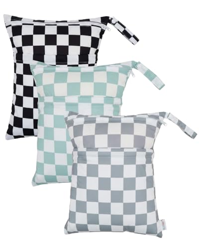 ALVA 3 Pack Wet Dry Bags for Cloth Diapers, Swimsuits & Gym Clothes, Waterproof Reusable Baby Diaper Bag with 2-Zippered Compartments, Hanging Strap, Machine Washable, Medium for Dayca - color: Classic Checkered Pattern