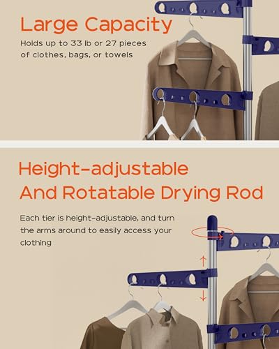 CASAMAYA Clothes Drying Rack Foldable, 70.9 inch Tripod Drying Rack for 35 Pieces of Clothes, with Height-Adjustable Rotatable Clothes Rails, Space Saving, Stainless Steel, Blue and Silver CDR005Q01 - color: Blue + Silver, size: 5-Tier Standard