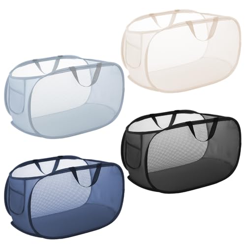 Foldable Laundry Basket Set of 4, Durable Mesh Material, Easy Carry Handles, Perfect for Home, Dorm, Travel - Beige, Navy, Black, Grey