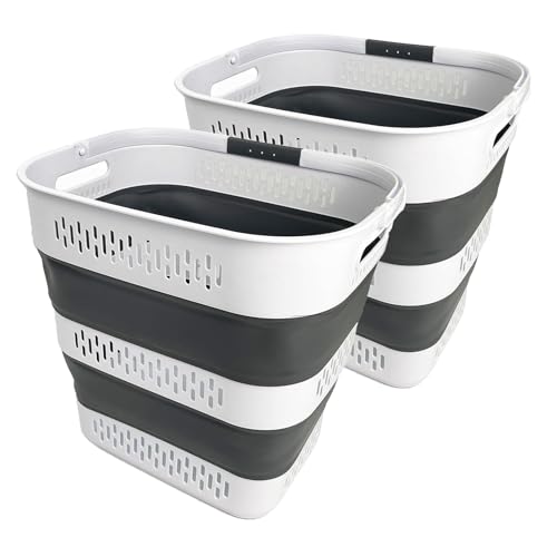 SAMMART 40L (10.5 Gallon) Collapsible Plastic Laundry Basket with Handles - Foldable Pop Up Storage Container/Organizer - Portable Laundry Hamper - Space Saving (2, White/Steel Grey) - color: White/Steel Grey