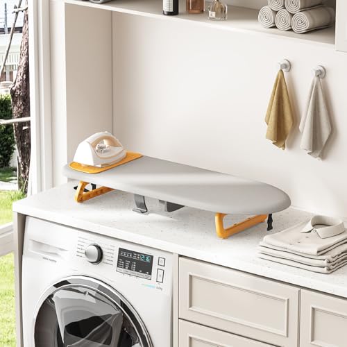 KINGBOARD Small Ironing Board with Iron Holder,Space Saving 12x32 Grey - color: Grey & Orange