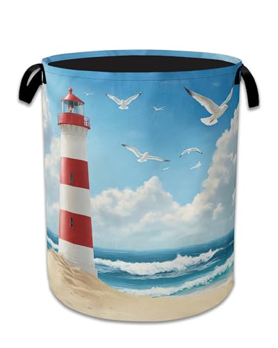 Lighthouse On The Beach Laundry Basket,Foldable Oxford Cloth Laundry Hamper With Handle, 20.8"x16" Portable Clothes Storage Basket Bag for Laundry Room/Bathroom/Bedroom/Dormitories - color: Lighthouse On The Beach
