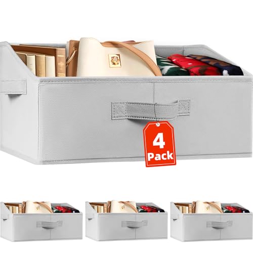 Criusia Closet Organizers Bins 4 Pack - Large Collapsible Shelf Organizer with Handles - Fabric Trapezoid Home Organization and Storage Baskets for Organizing Clothes Toy Blanket Towel Purse Hats - color: Grey, size: 4 pack-Large