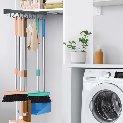 Pull Out Broom Holder With Adjustable Double Row Sliding Hook-Grey 18.11in - color: Dark grey, size: 46cm/18.11inch