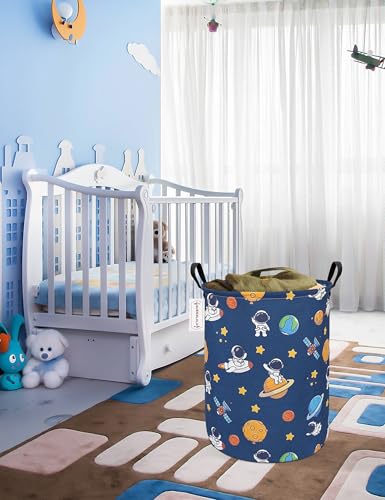 Foldable Waterproof Round Fabric Laundry Basket Home, Yellow Star Astronaut - color: Round-Yellow Star Astronaut