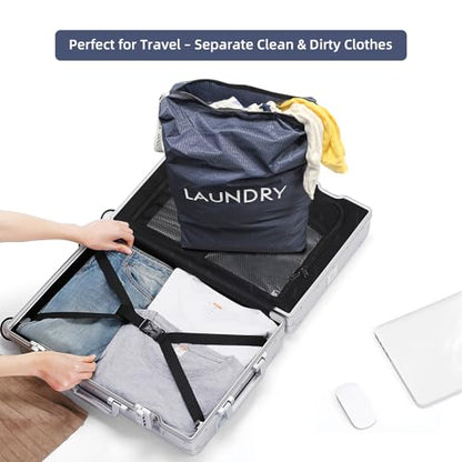 GOGOODA Travel Laundry Bags Reusable Dirty Clothes Bag with Handle - color: Navy Blue & Green