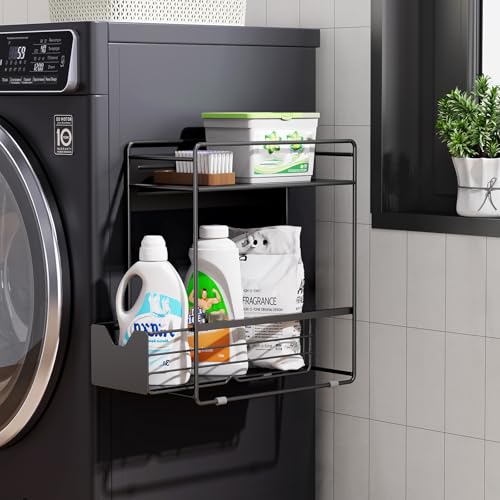 2 Tier Magnetic Shelves for Washing Machine with Pull Out Metal Drawer - color: Black