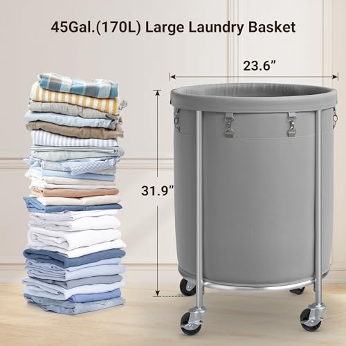 ELYKEN Laundry Basket with Wheels, Round Rolling Laundry Hamper, Gray - color: Gray, size: 170L