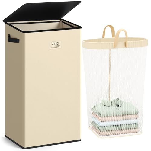 SOLEDI 100L Laundry Hamper with Lid, Large Collapsible Laundry Basket - color: Beige, size: 100L