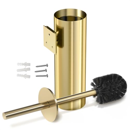 2 Pcs Wall-Mounted Stainless Steel Toilet Brush and Holder Set (Gold) - color: Gold