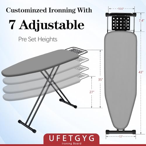 UFETGYG Ironing Board,13" X 43" W/with Iron Rest | Full Metal Construction| Height Adjustable | Heat & Scorch Resistant Fabric | Heavy Duty| Easy to Fold | Anti-Skid Feet |Grey - color: Gray