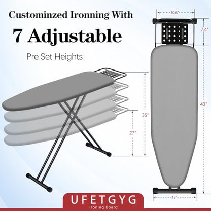 UFETGYG Ironing Board,13" X 43" W/with Iron Rest | Full Metal Construction| Height Adjustable | Heat & Scorch Resistant Fabric | Heavy Duty| Easy to Fold | Anti-Skid Feet |Grey - color: Gray