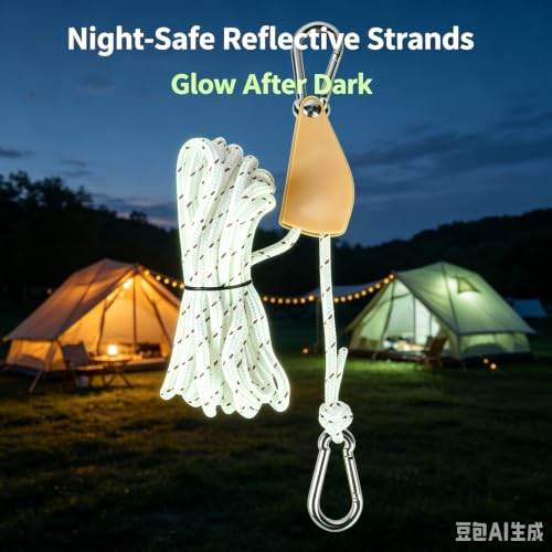 Retractable Travel Clothesline, 19Ft Heavy Duty Portable Clothes Drying Rope with Ratchet Pulleys Carabiners for Tents, Outdoor Camping, Hammocks Tarps Locking System