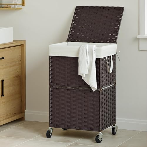 Chrislley Wicker Laundry Basket with Wheels,Rolling Laundry Hamper with Lid - color: Brown