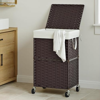 Chrislley Wicker Laundry Basket with Wheels,Rolling Laundry Hamper with Lid - color: Brown