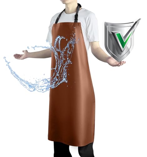 Waterproof Apron with Comfortable Adjustable Bib Rubber Vinyl Dishwasher Heavy Duty Apron for Men Women Dishwashing - color: Brown