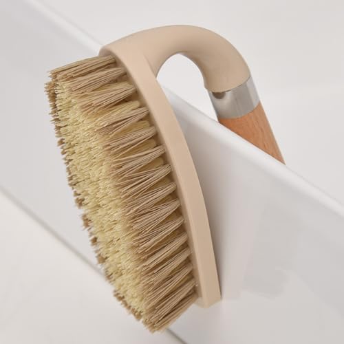 Stiff Bristle Brush, Powerful Cleaning Brush with Wooden Handle for Comfortable Grip. Ideal for Bathrooms, Tiles, Sinks, Carpets, Pools, Garages, and Floor Cleaning. (Gray)