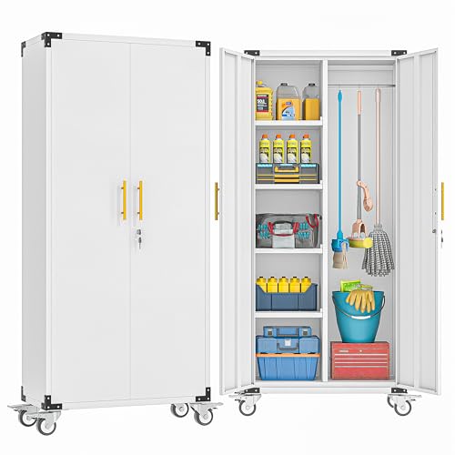 erosoei 71" Broom Storage Cabinet, Cleaning Tool Storage Cabinet, Garage Utility Storage with Hooks and Hanging Rods, Heavy Duty Garden Tool Organizer, for Home, Garage, Laundry Room, Gym, Workshop - color: White