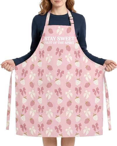 Women Apron, Cute Kitchen Aprons for Women, Girls - color: Pink Strawberry