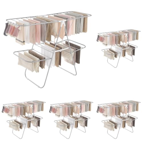 SONGMICS Clothes Drying Rack, Foldable 2-Level Laundry Drying Rack, 2 Tiers（22" d x 61.8" w x 64.3''h (Pack of 5) - color: فضي + أبيض, size: 2 Tiers（22"d x 61.8"w x 64.3''h ) (Pack of 5)