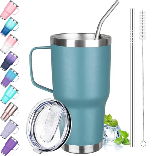 30 oz Tumbler with Handle, Stainless Steel Insulated Tumbler with Lid and Straw, Double Wall Vacuum Coffee Mug Tumbler, Insulated Coffee Thermal Cup for Cold and Hot (Maya Blue) - color: Maya Blue, size: 30 Ounces