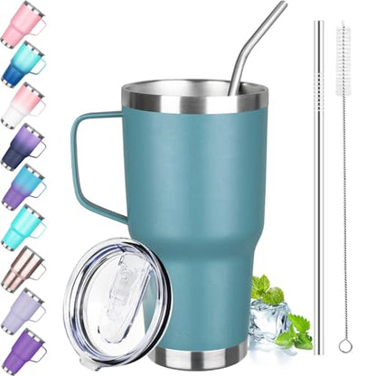 30 oz Tumbler with Handle, Stainless Steel Insulated Tumbler with Lid and Straw, Double Wall Vacuum Coffee Mug Tumbler, Insulated Coffee Thermal Cup for Cold and Hot (Maya Blue) - color: Maya Blue, size: 30 Ounces
