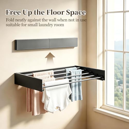 Wall Mounted Foldable Clothes Drying Rack Carbon Steel 5 Rods, Space-Saving Laundry Drying Rack with Wall Template (1, Black, 31.5") - color: Black, size: 31.5"